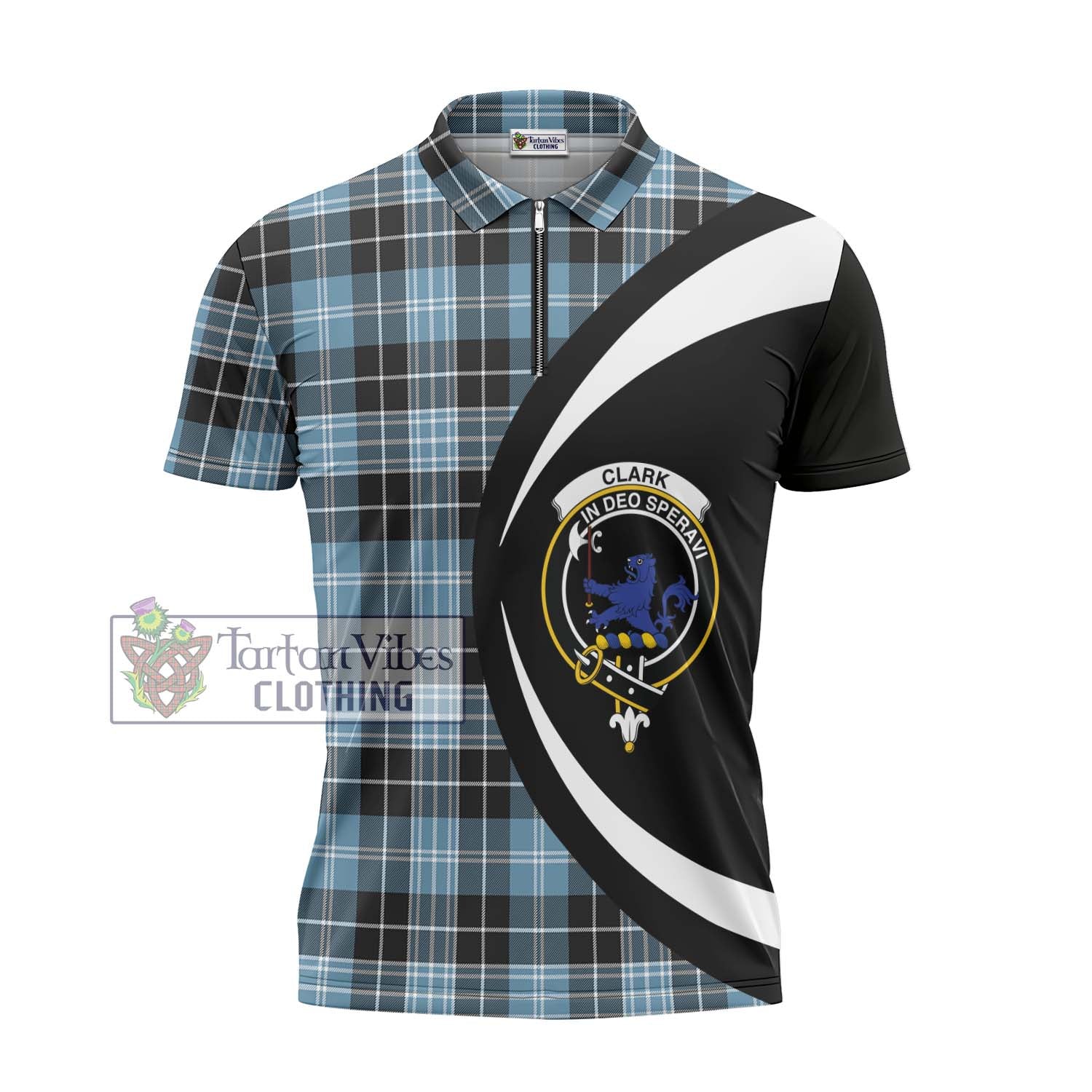 Tartan Vibes Clothing Clark (Lion) Ancient Tartan Zipper Polo Shirt with Family Crest Circle Style