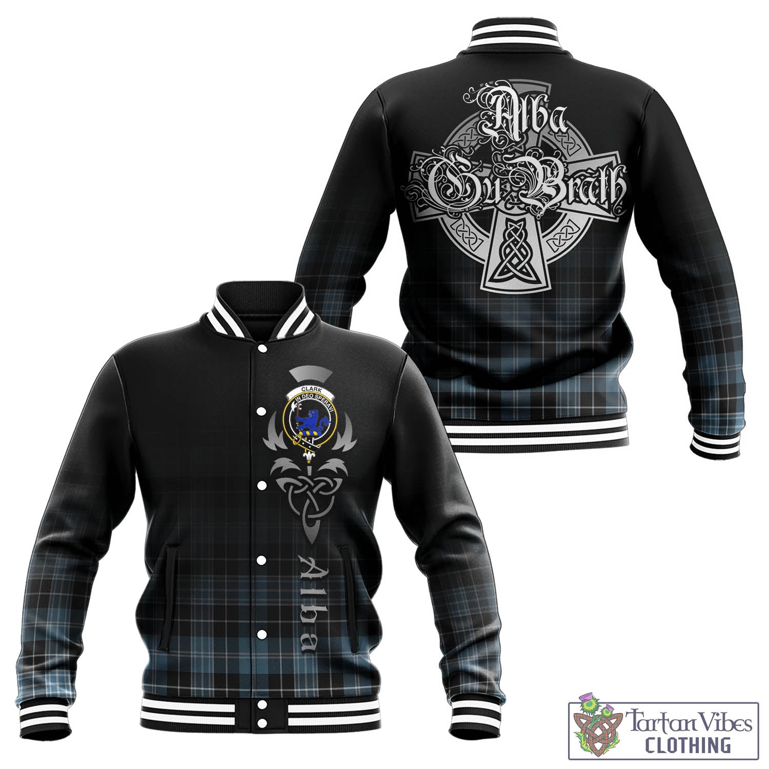 Tartan Vibes Clothing Clark (Lion) Ancient Tartan Baseball Jacket Featuring Alba Gu Brath Family Crest Celtic Inspired