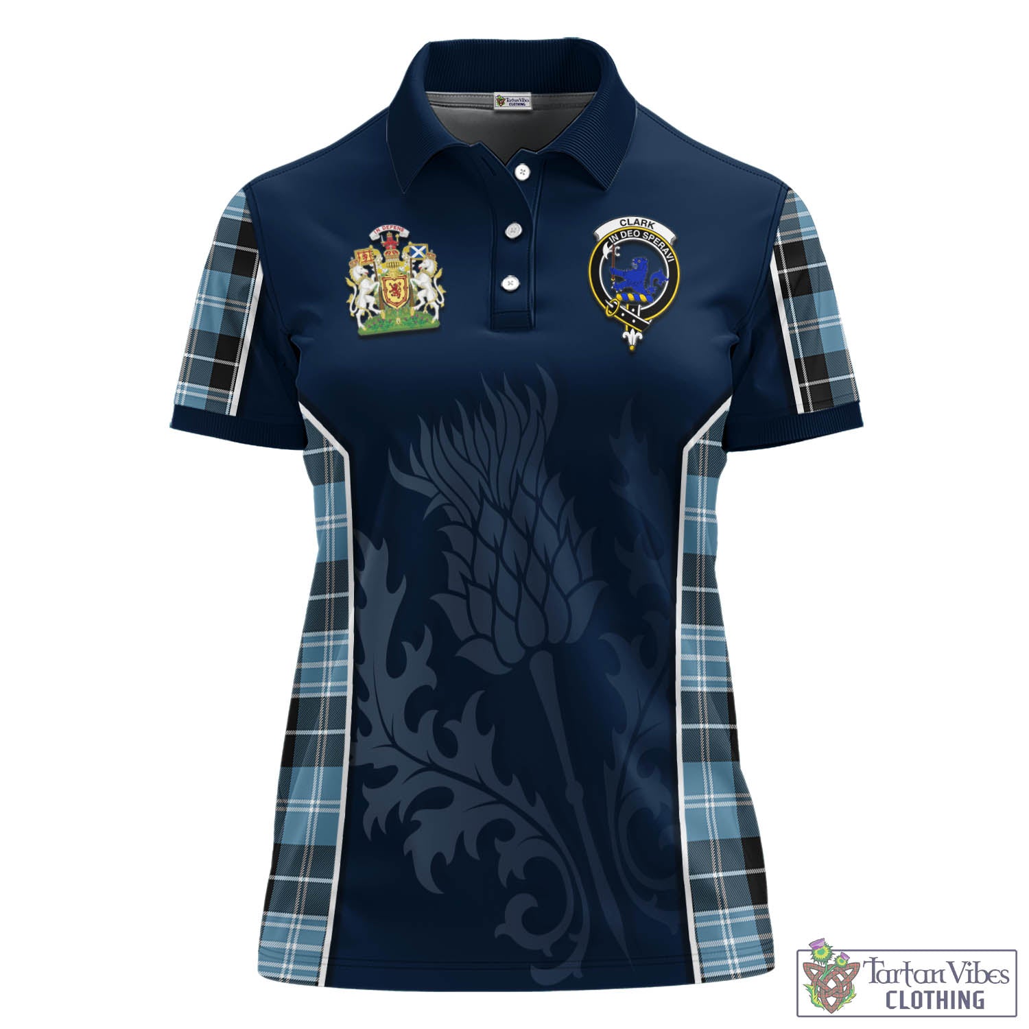 Tartan Vibes Clothing Clark (Lion) Ancient Tartan Women's Polo Shirt with Family Crest and Scottish Thistle Vibes Sport Style