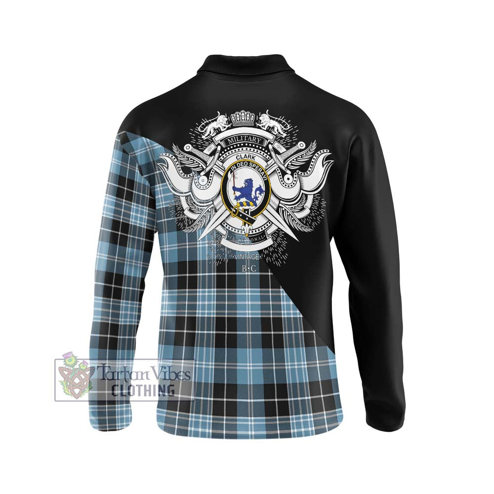 Clark (Lion) Ancient Tartan Long Sleeve Polo Shirt with Family Crest and Military Logo Style - Tartanvibesclothing Shop