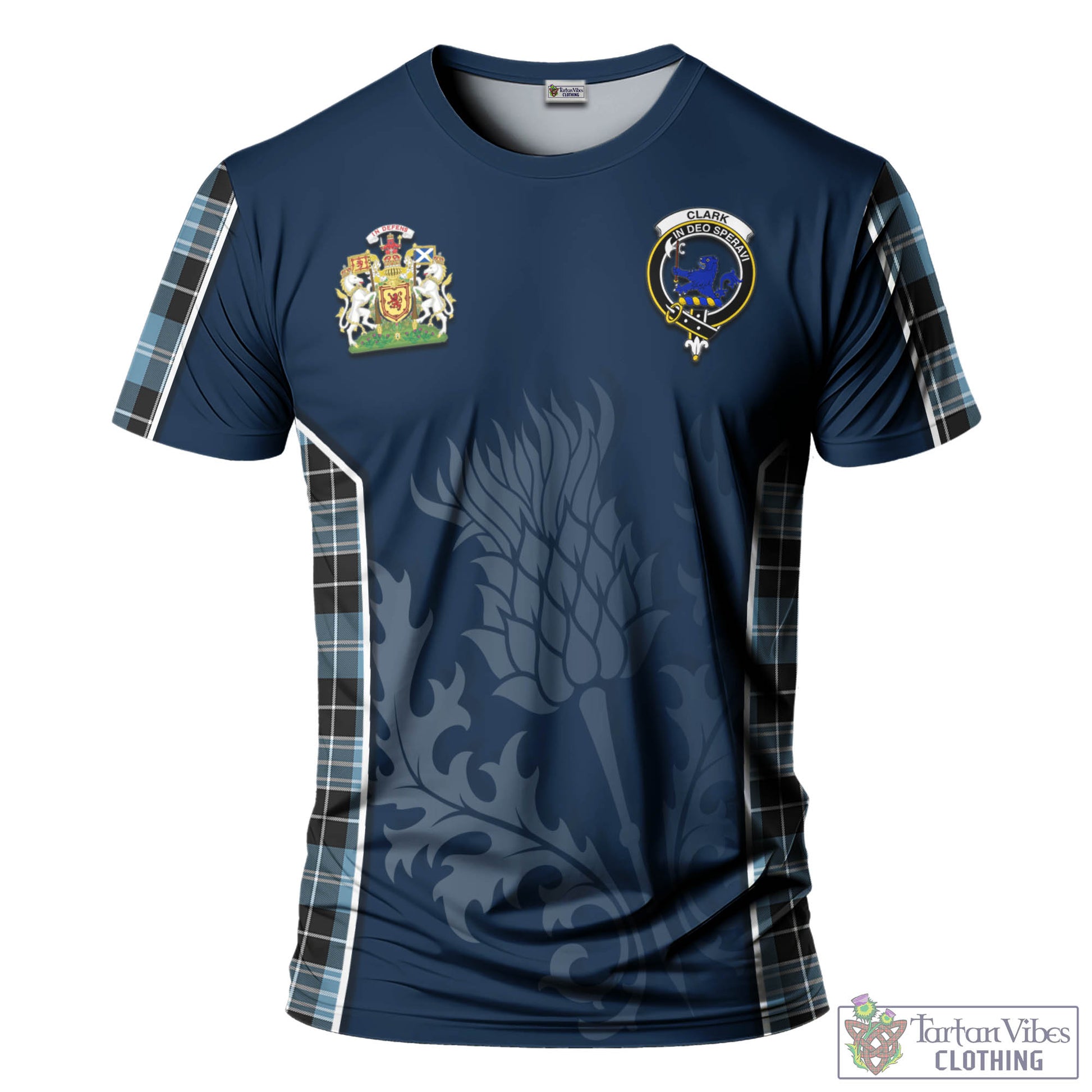 Tartan Vibes Clothing Clark (Lion) Ancient Tartan T-Shirt with Family Crest and Scottish Thistle Vibes Sport Style