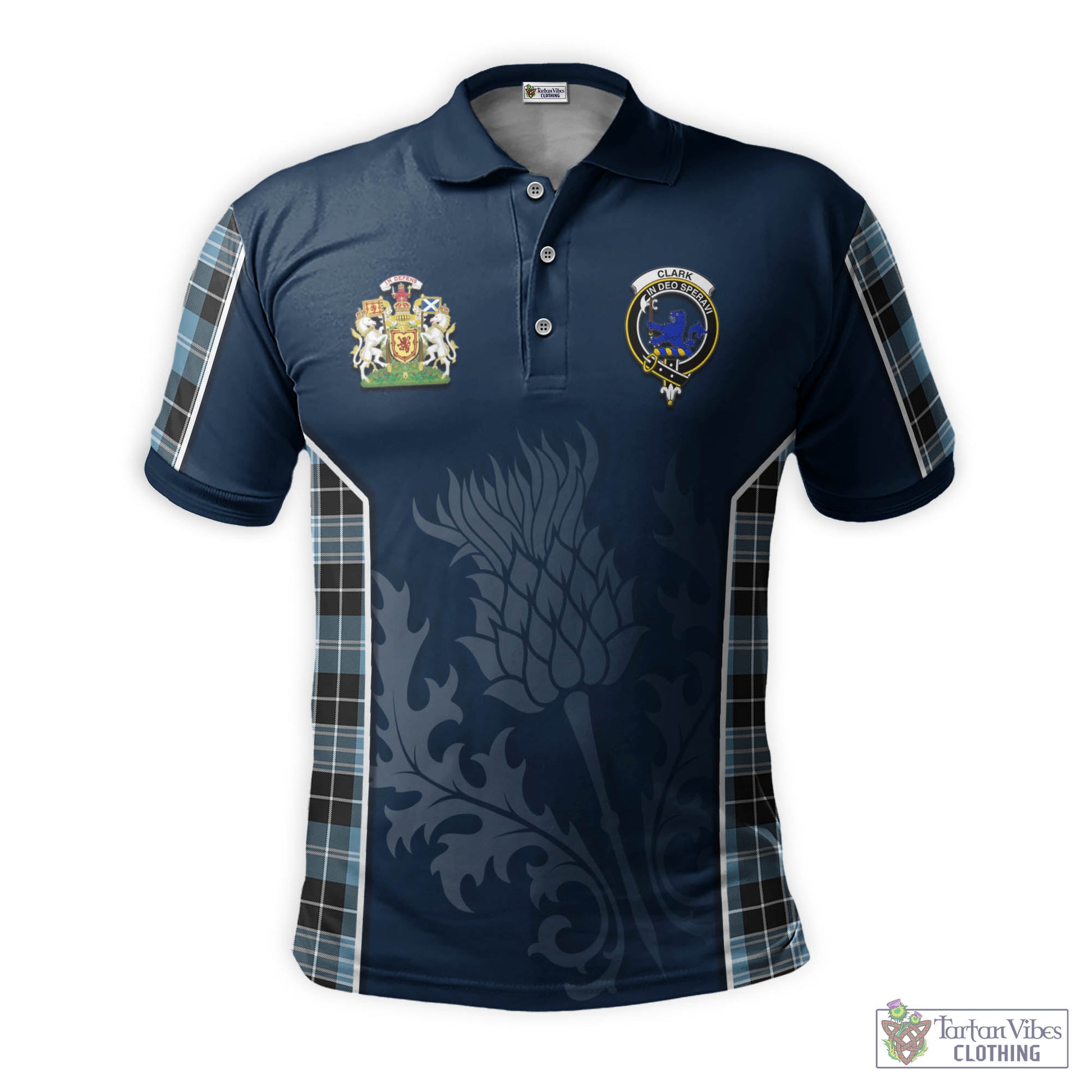 Tartan Vibes Clothing Clark (Lion) Ancient Tartan Men's Polo Shirt with Family Crest and Scottish Thistle Vibes Sport Style