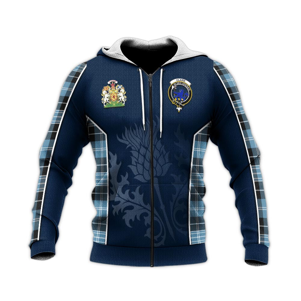 Tartan Vibes Clothing Clark (Lion) Ancient Tartan Knitted Hoodie with Family Crest and Scottish Thistle Vibes Sport Style