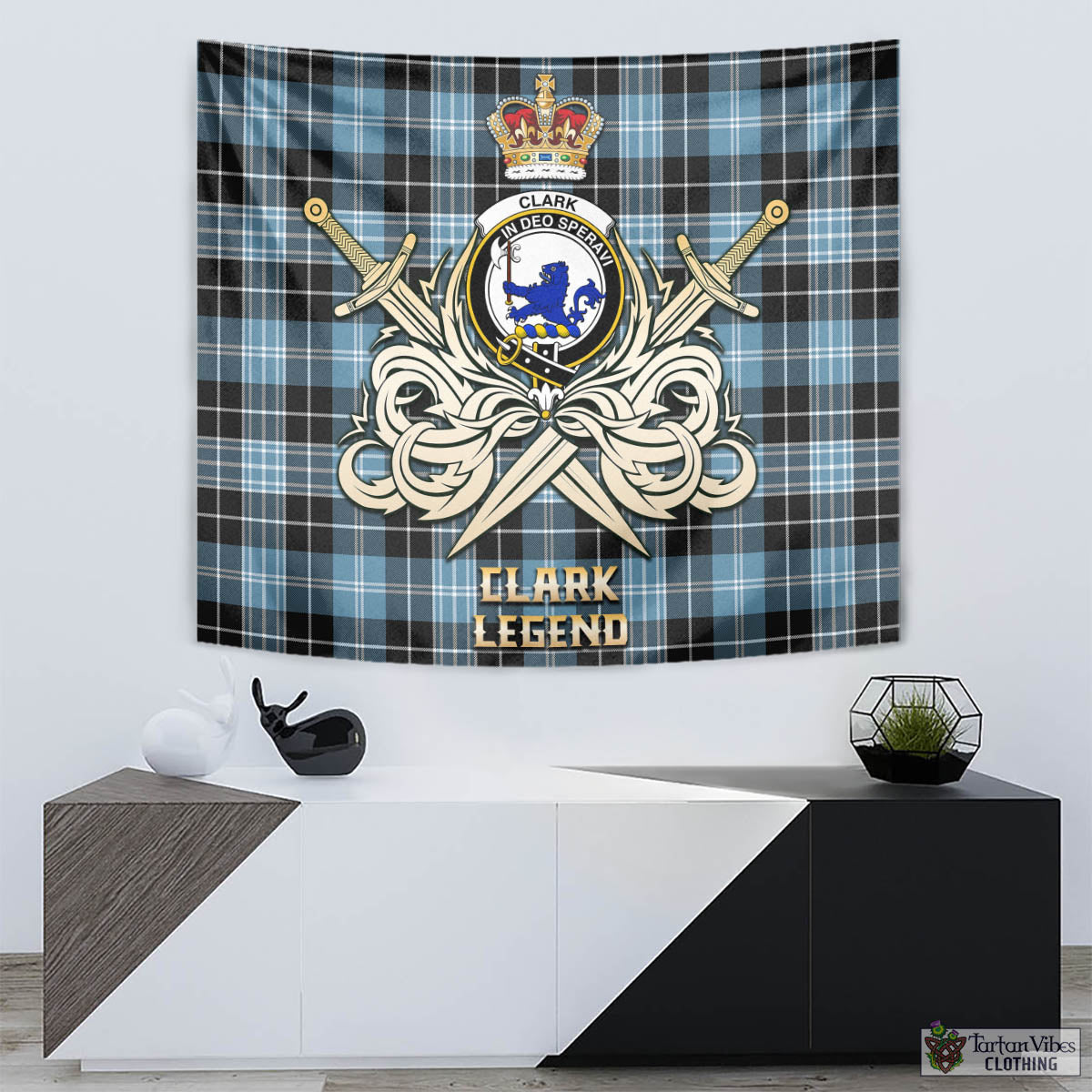 Tartan Vibes Clothing Clark (Lion) Ancient Tartan Tapestry with Clan Crest and the Golden Sword of Courageous Legacy