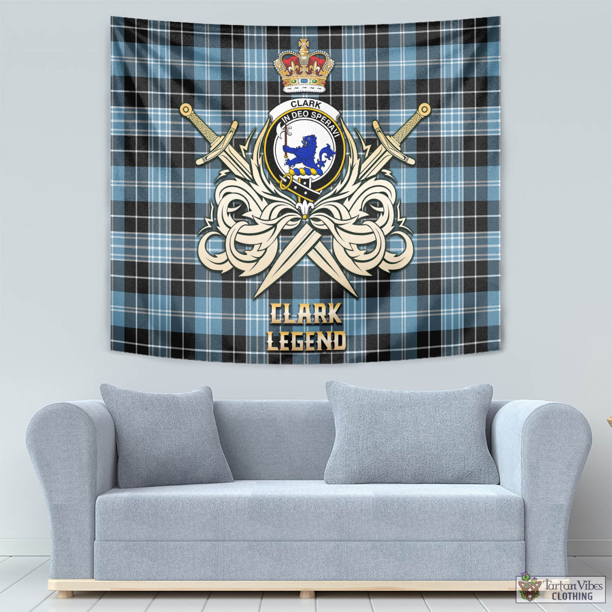 Tartan Vibes Clothing Clark (Lion) Ancient Tartan Tapestry with Clan Crest and the Golden Sword of Courageous Legacy