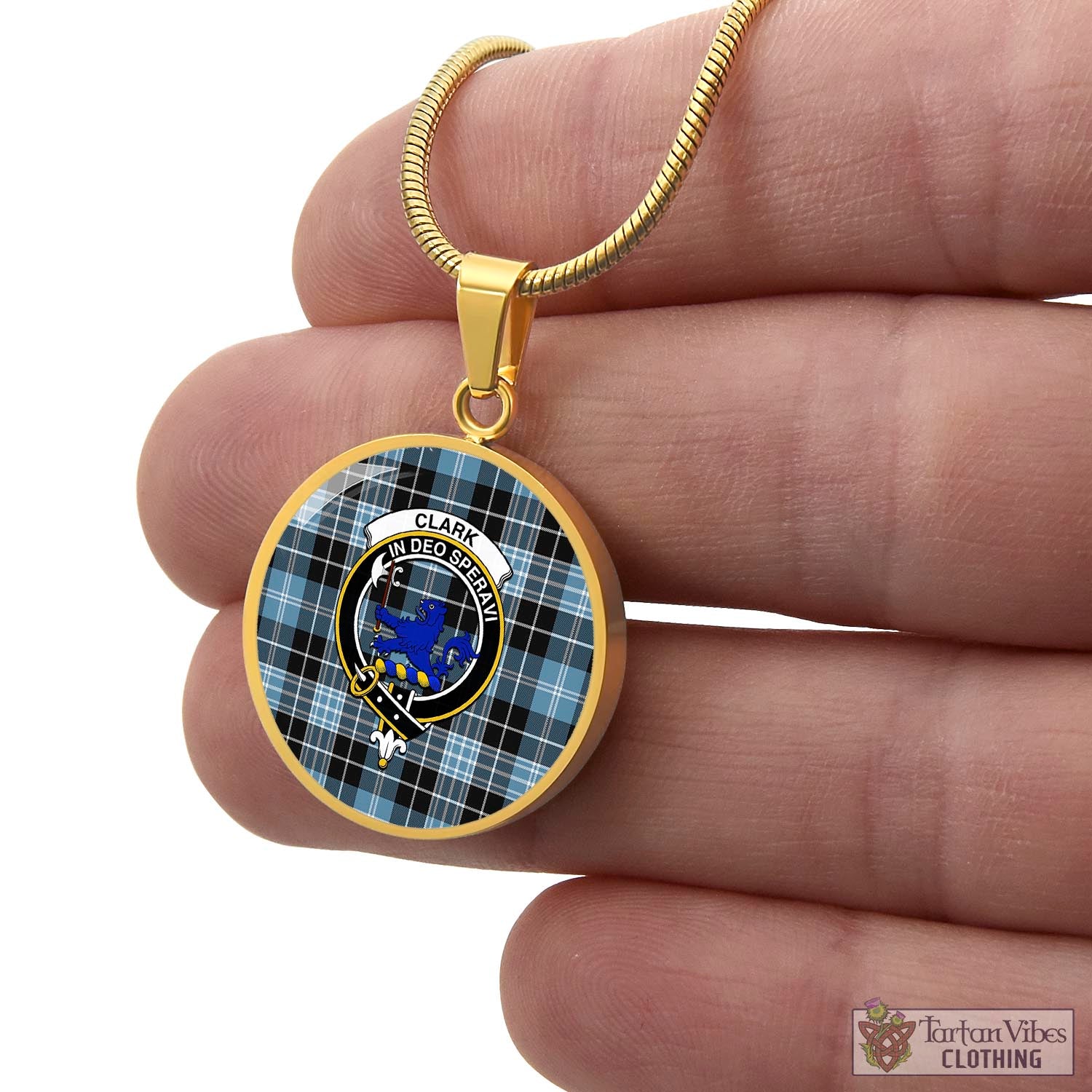 Tartan Vibes Clothing Clark (Lion) Ancient Tartan Circle Necklace with Family Crest