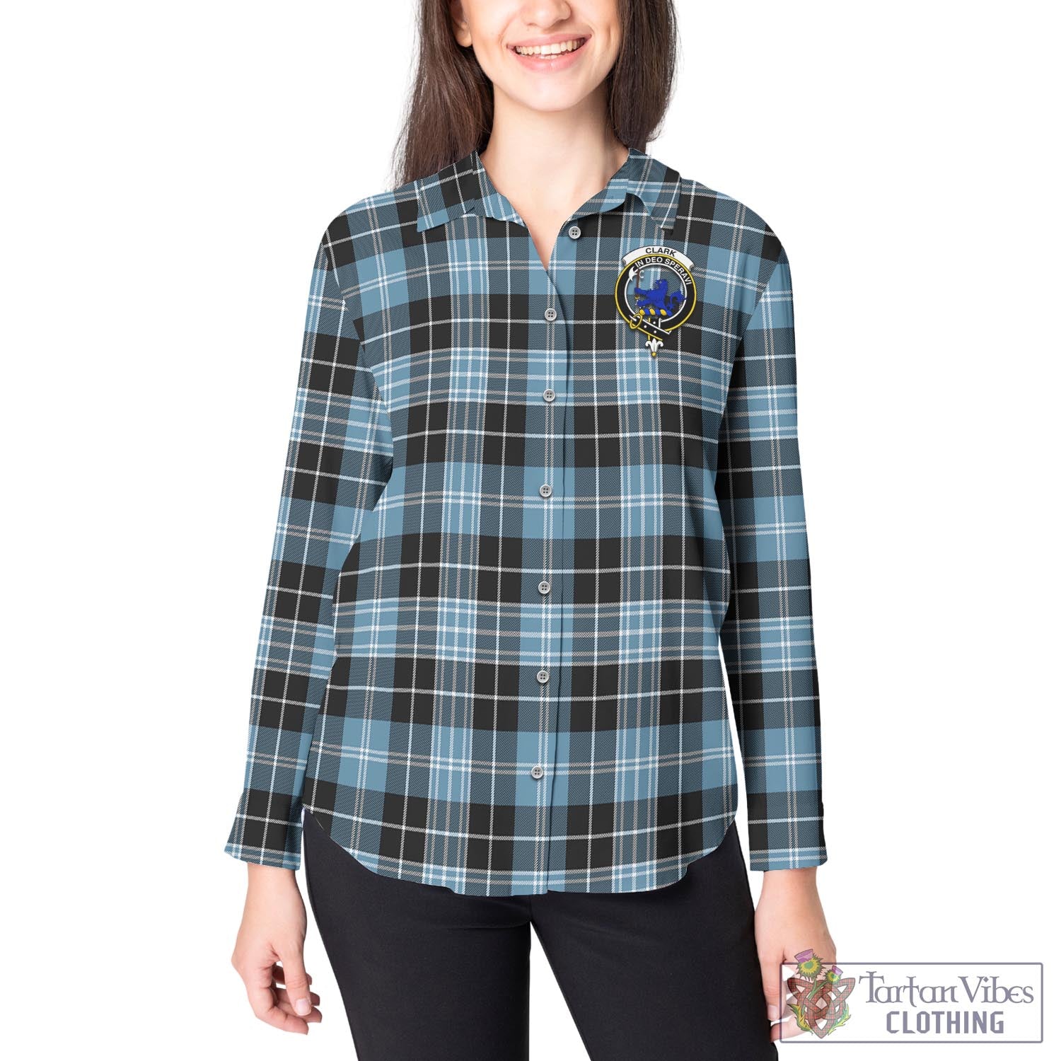 Tartan Vibes Clothing Clark (Lion) Ancient Tartan Womens Casual Shirt with Family Crest