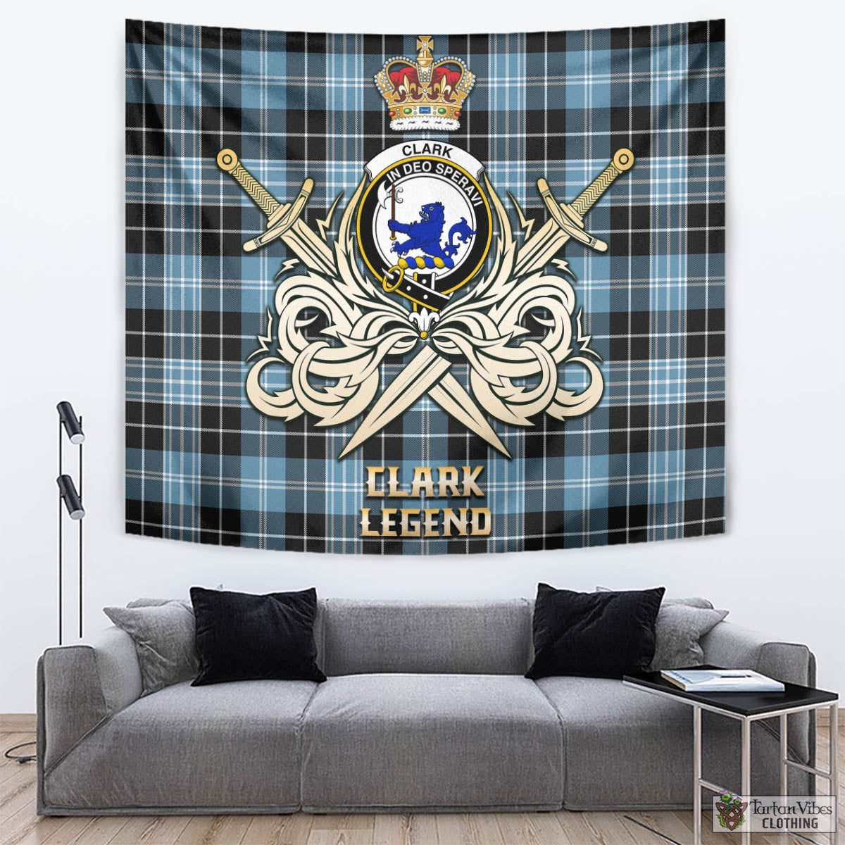 Tartan Vibes Clothing Clark (Lion) Ancient Tartan Tapestry with Clan Crest and the Golden Sword of Courageous Legacy