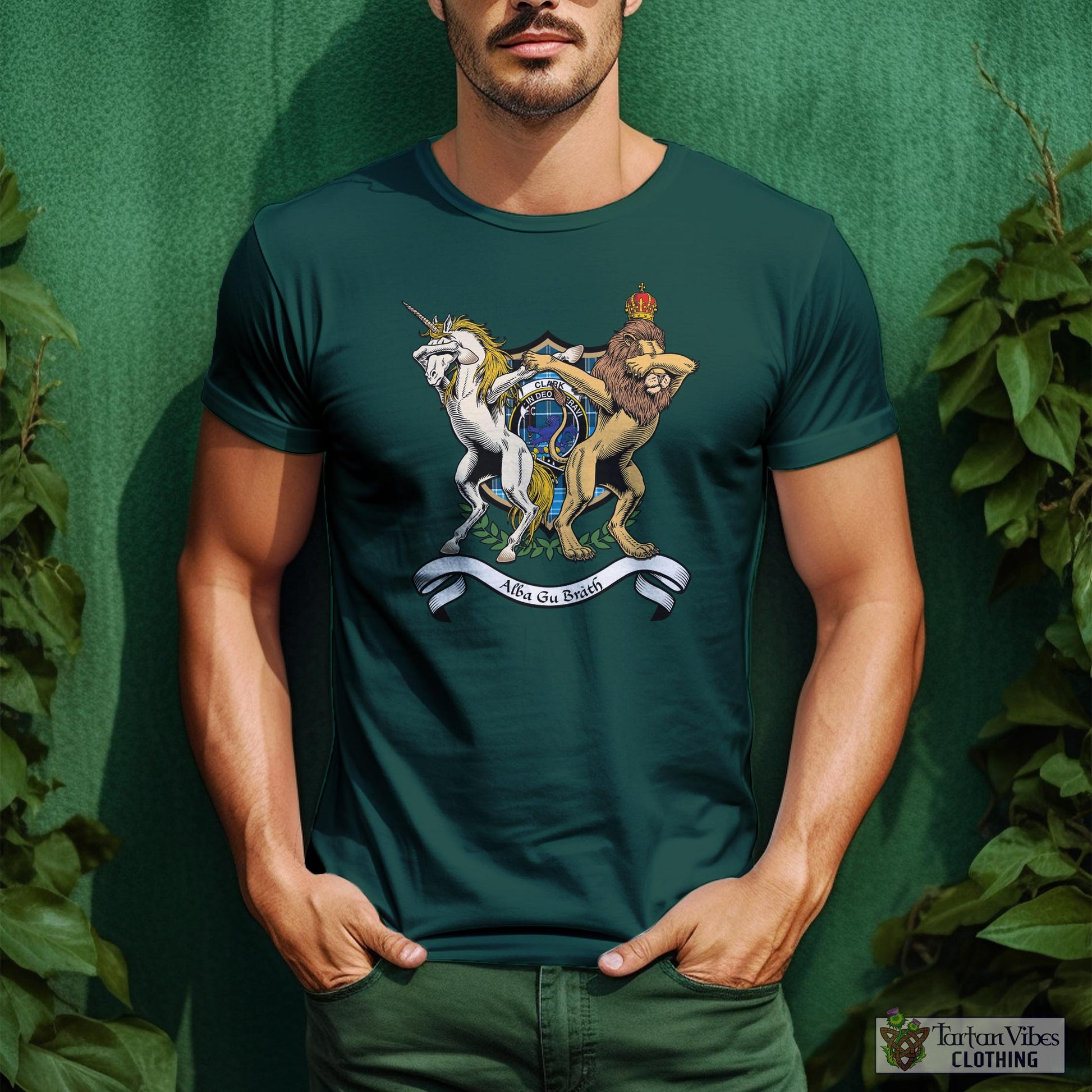 Tartan Vibes Clothing Clark (Lion) Ancient Family Crest Cotton Men's T-Shirt with Scotland Royal Coat Of Arm Funny Style