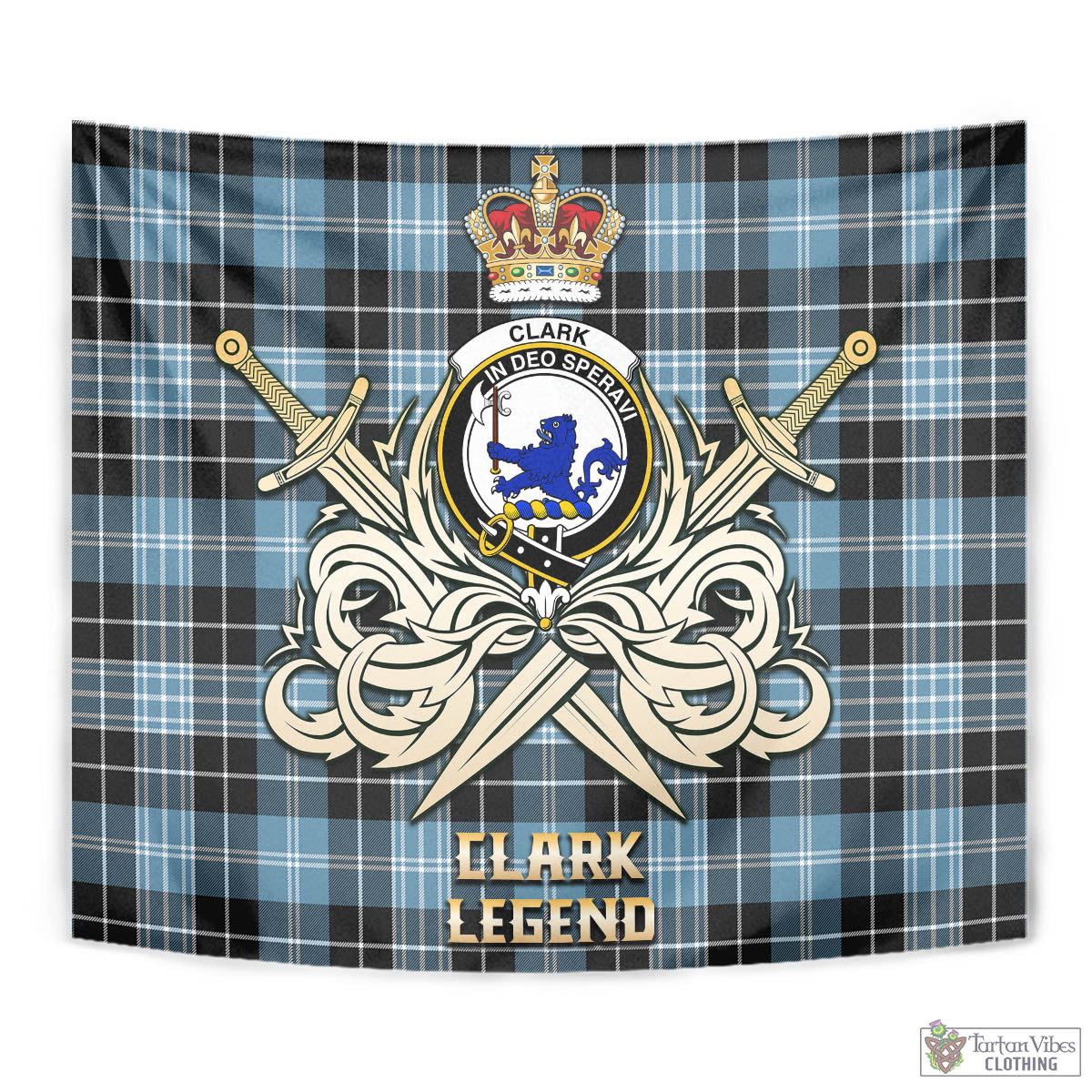 Tartan Vibes Clothing Clark (Lion) Ancient Tartan Tapestry with Clan Crest and the Golden Sword of Courageous Legacy