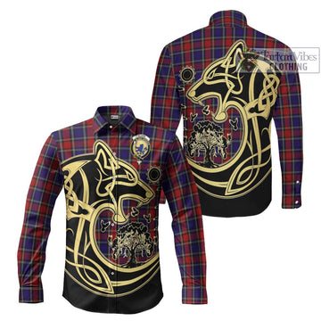 Clark (Lion) Red Tartan Long Sleeve Button Shirt with Family Crest Celtic Wolf Style