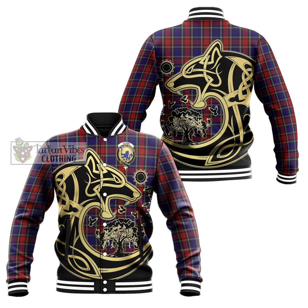 Clark (Lion) Red Tartan Baseball Jacket with Family Crest Celtic Wolf Style Unisex - Tartan Vibes Clothing