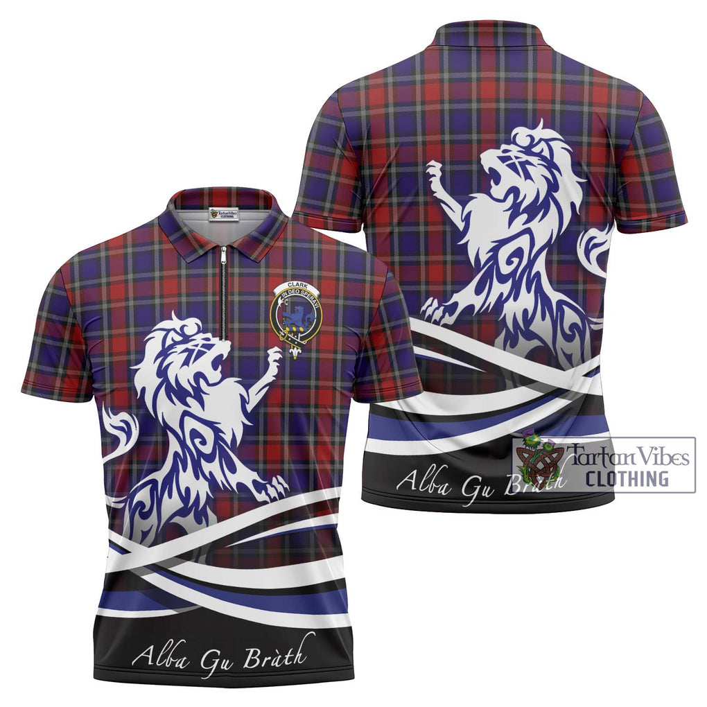 Clark (Lion) Red Tartan Zipper Polo Shirt with Alba Gu Brath Regal Lion Emblem Unisex - Tartanvibesclothing Shop