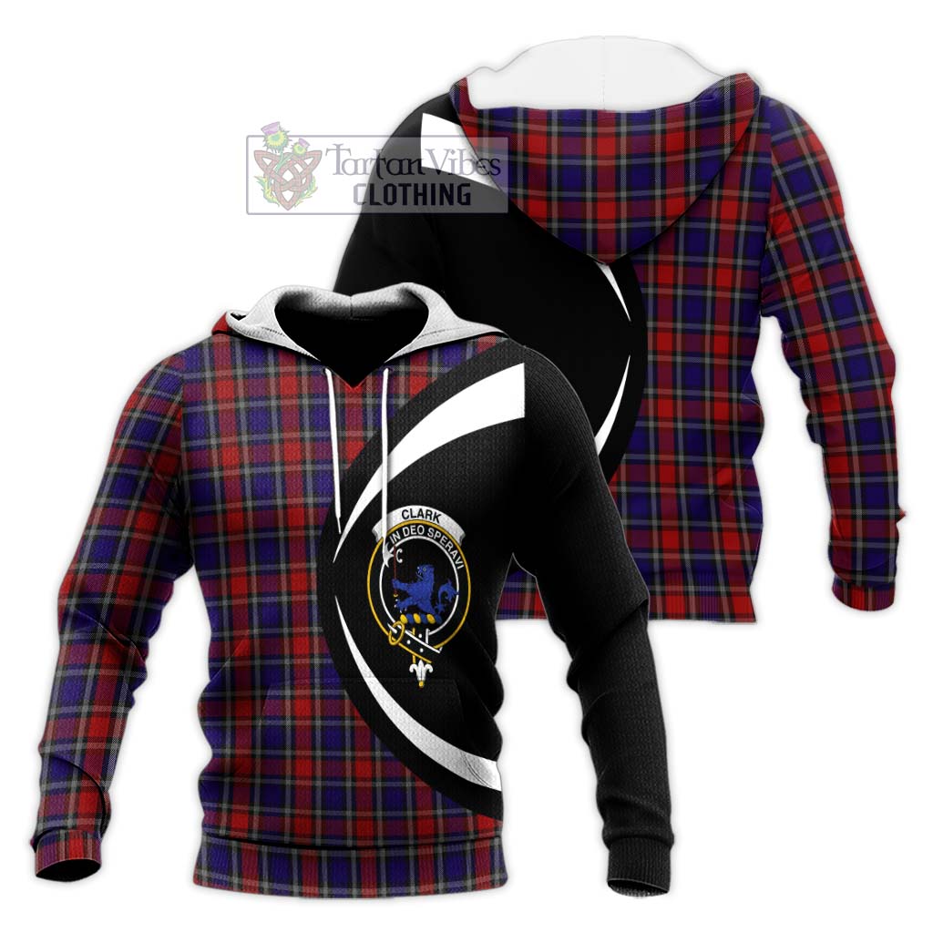 Clark (Lion) Red Tartan Knitted Hoodie with Family Crest Circle Style Unisex Knitted Pullover Hoodie - Tartan Vibes Clothing