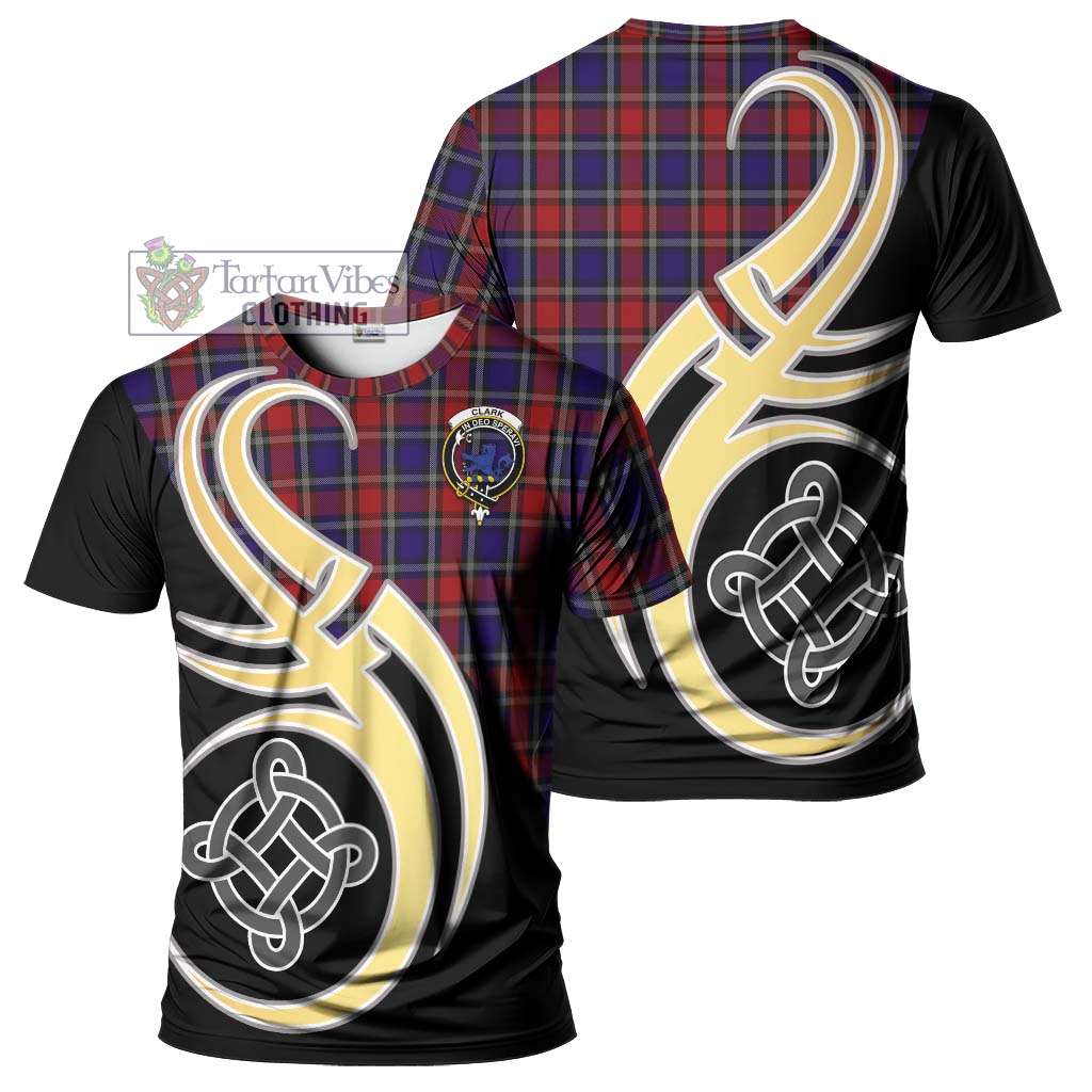 Tartan Vibes Clothing Clark (Lion) Red Tartan T-Shirt with Family Crest and Celtic Symbol Style