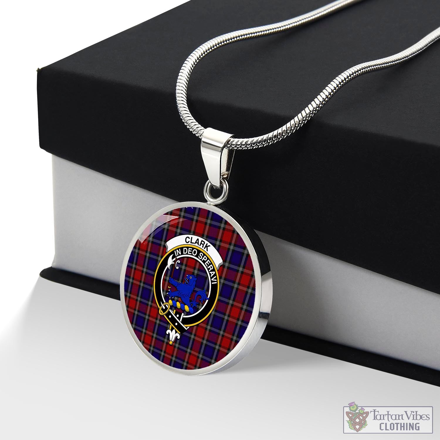 Tartan Vibes Clothing Clark (Lion) Red Tartan Circle Necklace with Family Crest