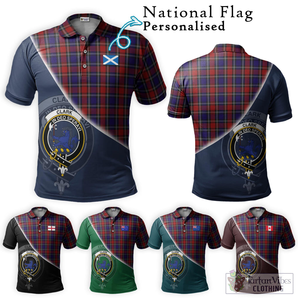 Clark (Lion) Red Tartan Polo Shirt with Personalised National Flag and Family Crest Half Style Maroon - Tartanvibesclothing Shop