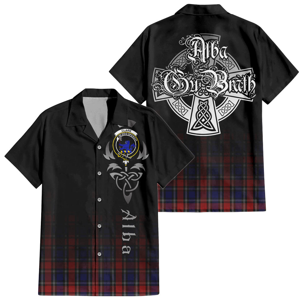 Tartan Vibes Clothing Clark (Lion) Red Tartan Short Sleeve Button Up Featuring Alba Gu Brath Family Crest Celtic Inspired