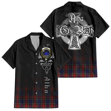 Clark (Lion) Red Tartan Short Sleeve Button Up Shirt Featuring Alba Gu Brath Family Crest Celtic Inspired