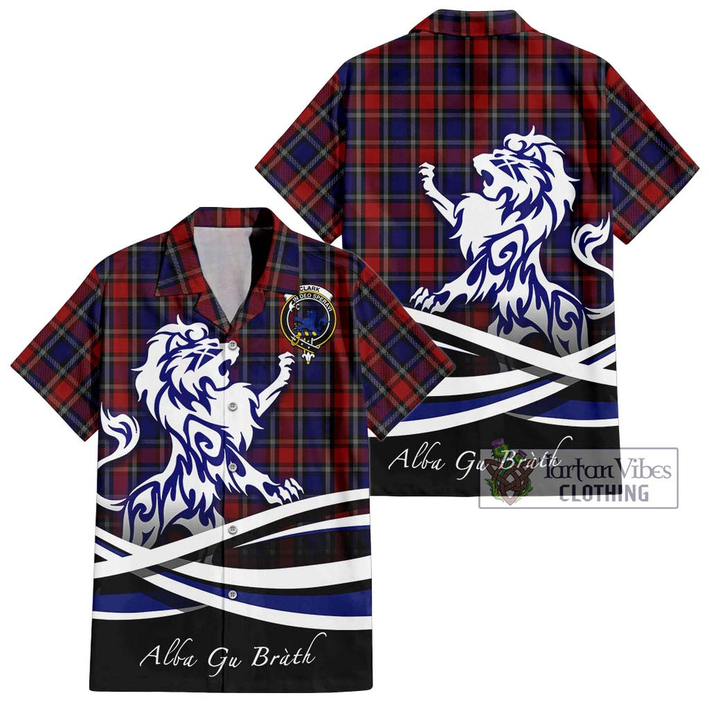 Clark (Lion) Red Tartan Short Sleeve Button Shirt with Alba Gu Brath Regal Lion Emblem Kid - Tartanvibesclothing Shop