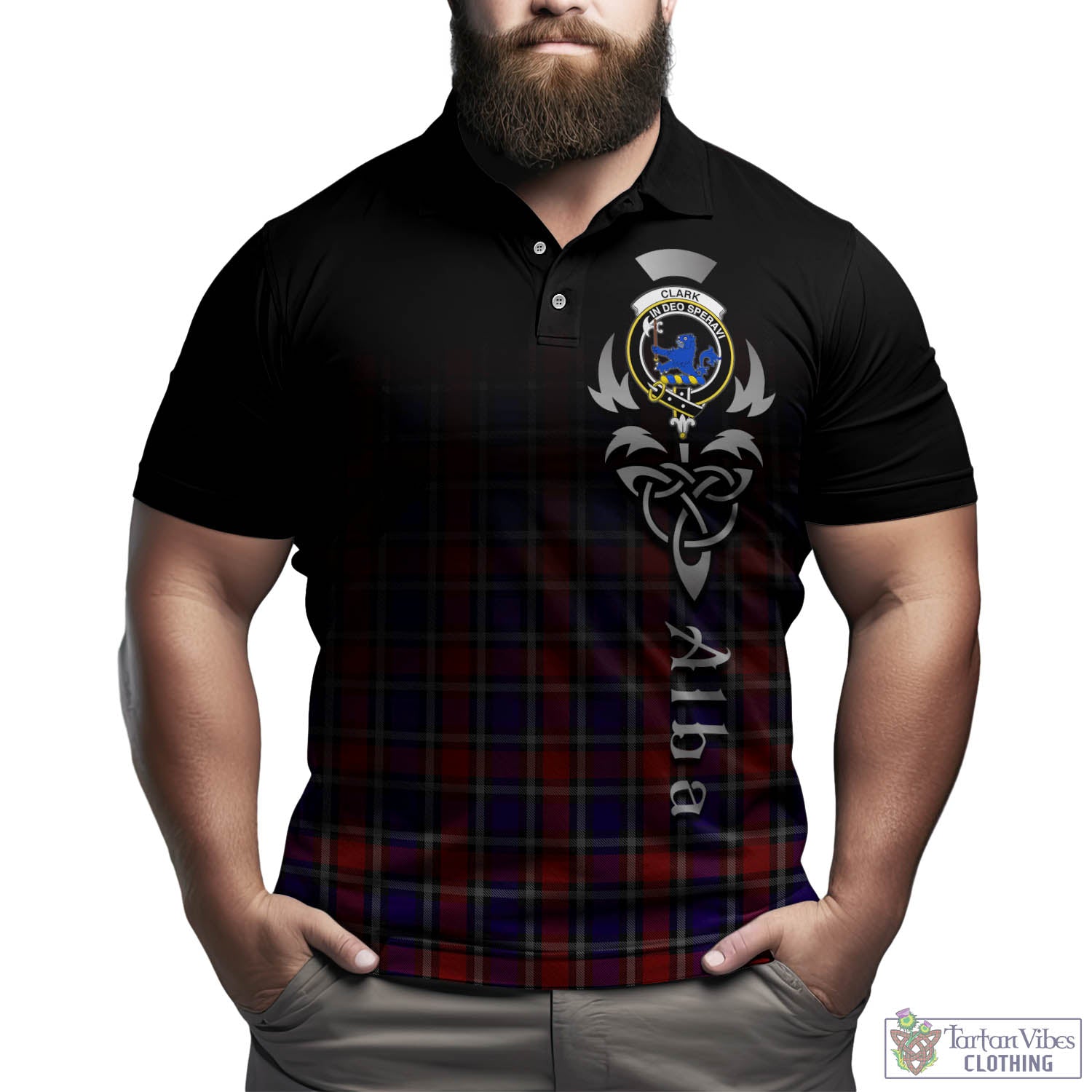 Tartan Vibes Clothing Clark (Lion) Red Tartan Polo Shirt Featuring Alba Gu Brath Family Crest Celtic Inspired