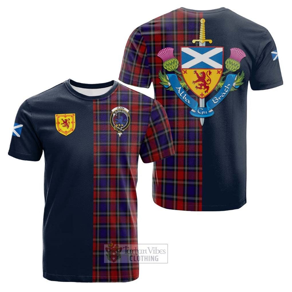 Tartan Vibes Clothing Clark (Lion) Red Tartan Cotton T-shirt with Scottish Lion Royal Arm Half Style