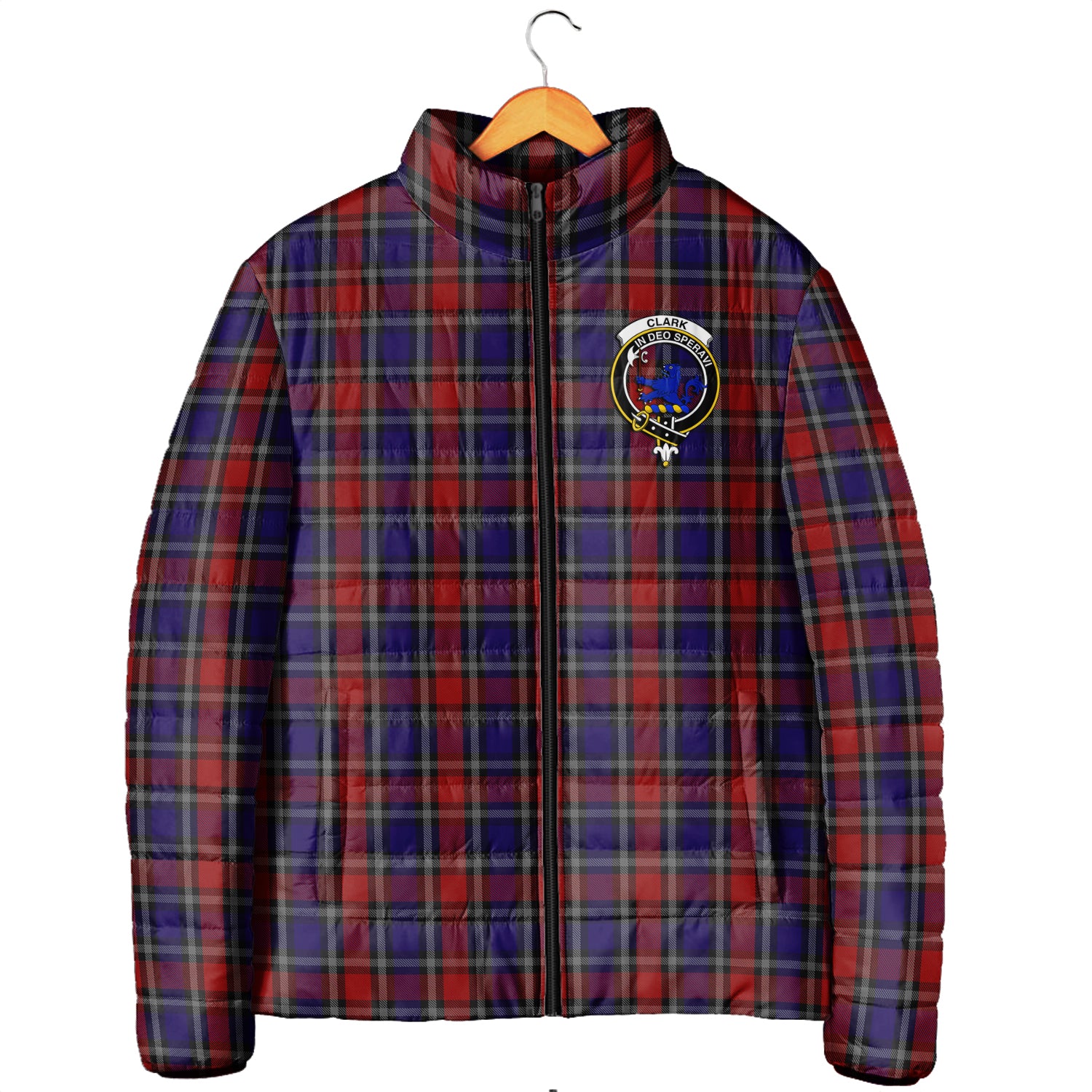 Clark (Lion) Red Tartan Padded Jacket with Family Crest Men's Padded Jacket - Tartan Vibes Clothing