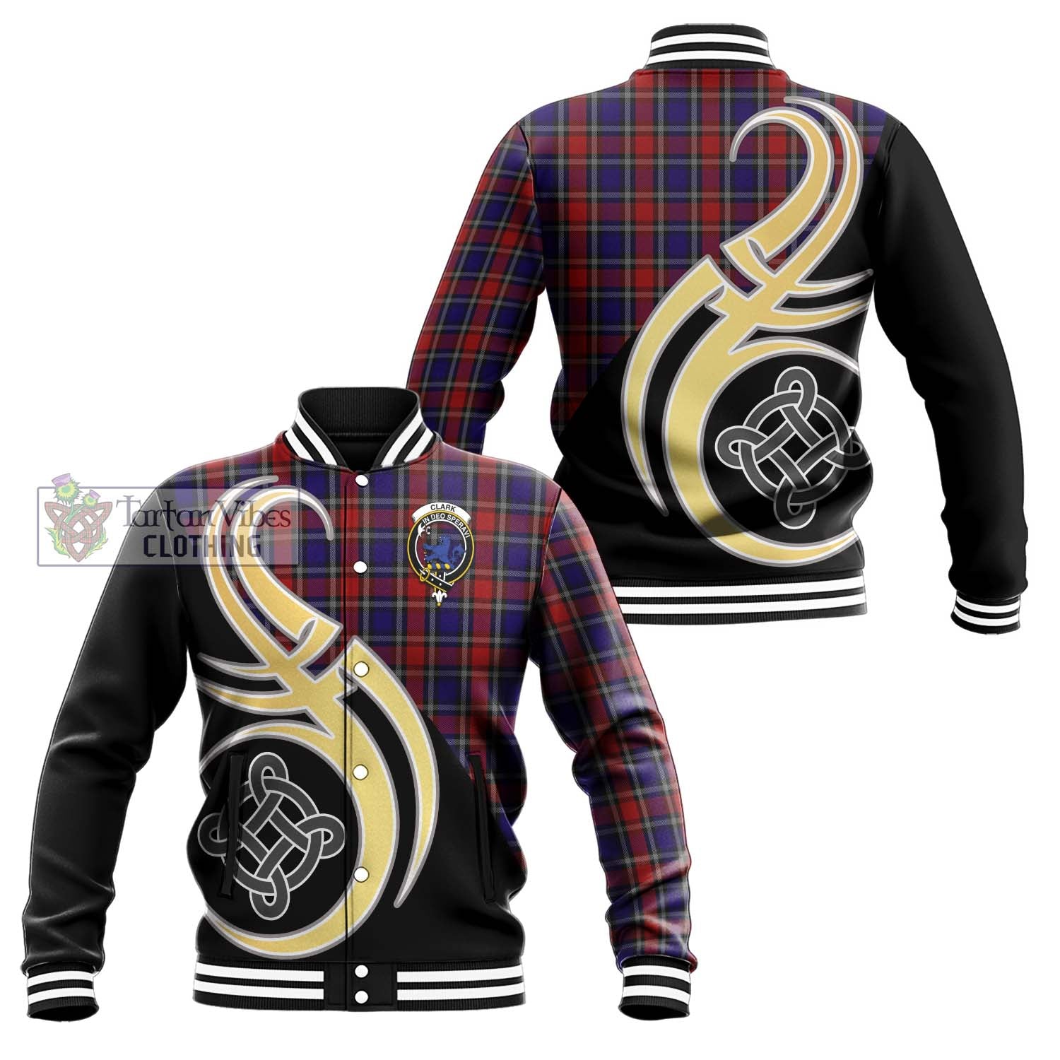 Clark (Lion) Red Tartan Baseball Jacket with Family Crest and Celtic Symbol Style Unisex - Tartan Vibes Clothing