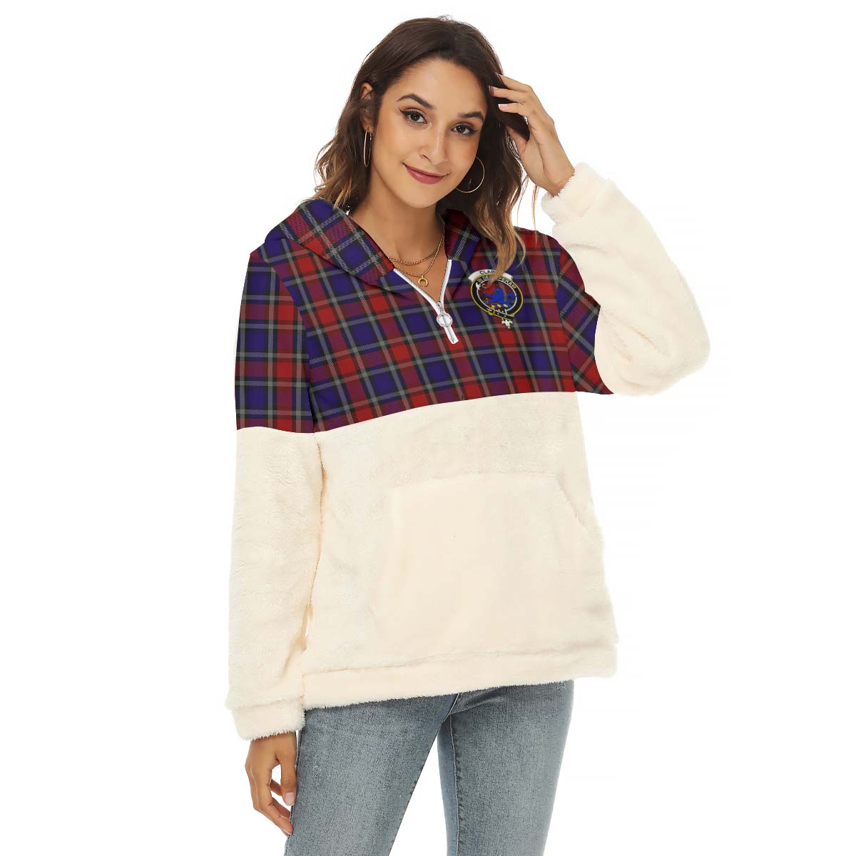 Clark (Lion) Red Tartan Women's Borg Fleece Hoodie With Half Zip with Family Crest Female - Tartan Vibes Clothing