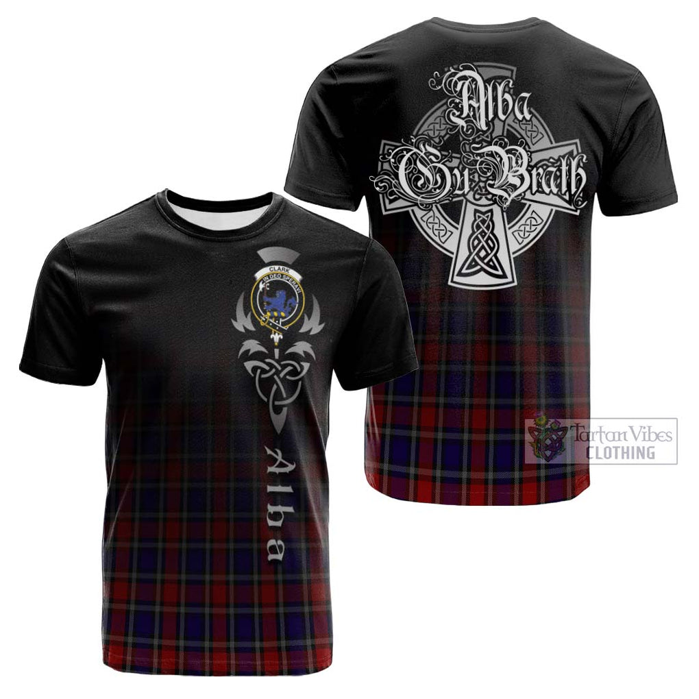 Tartan Vibes Clothing Clark (Lion) Red Tartan Cotton T-shirt Featuring Alba Gu Brath Family Crest Celtic Inspired