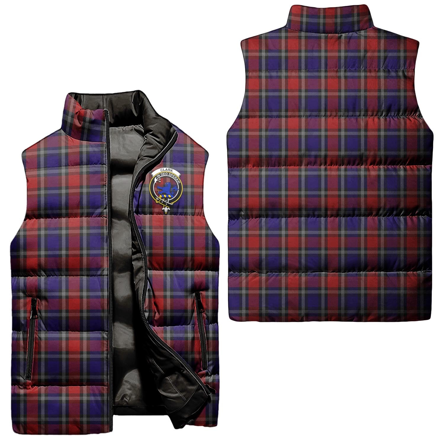 Clark (Lion) Red Tartan Sleeveless Puffer Jacket with Family Crest Unisex - Tartanvibesclothing