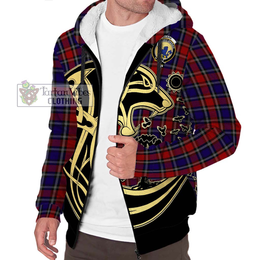 Clark (Lion) Red Tartan Sherpa Hoodie with Family Crest Celtic Wolf Style Unisex S - Tartan Vibes Clothing