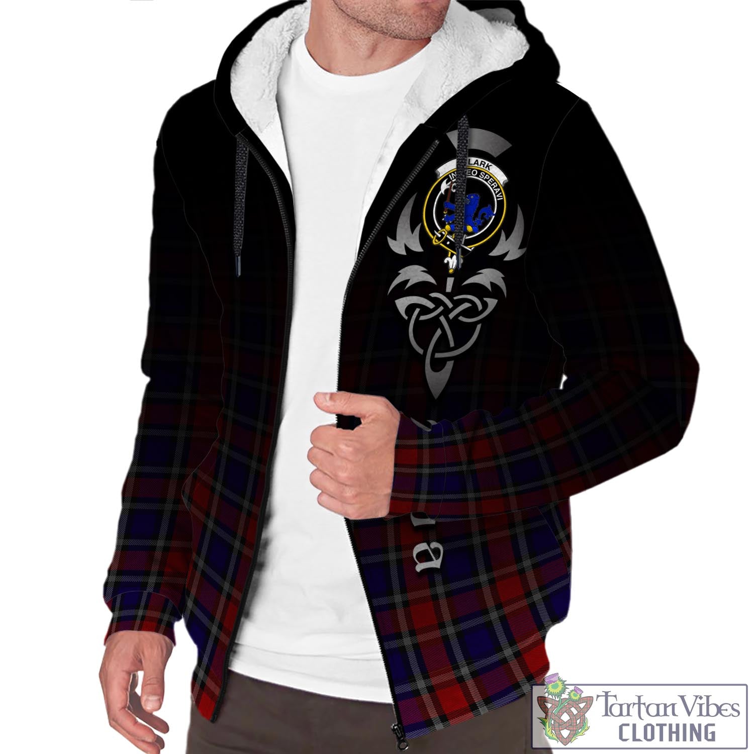 Tartan Vibes Clothing Clark (Lion) Red Tartan Sherpa Hoodie Featuring Alba Gu Brath Family Crest Celtic Inspired