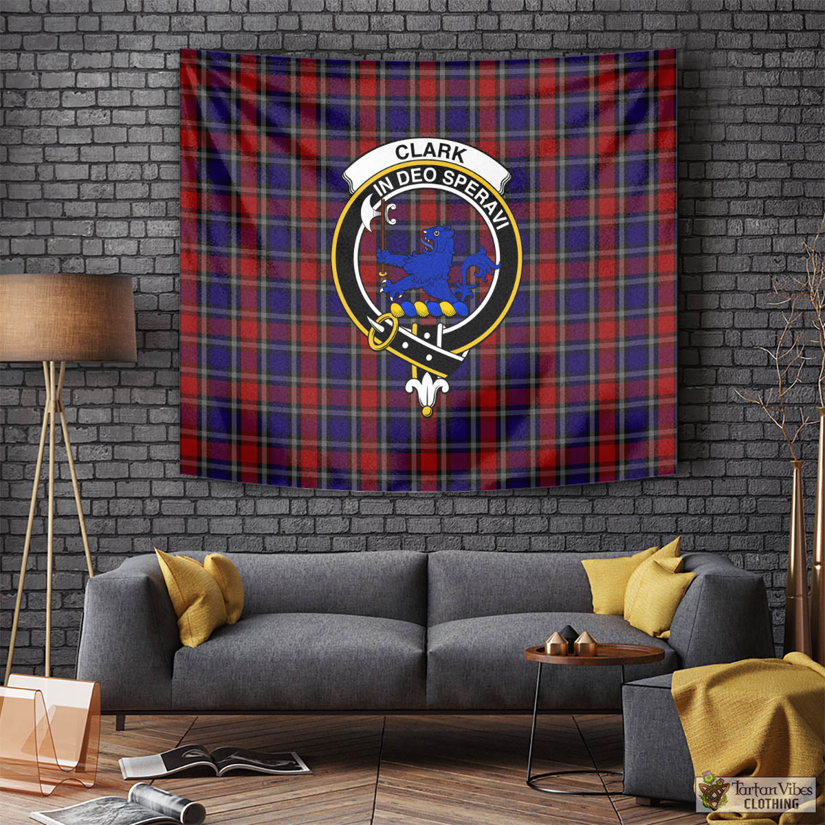 Tartan Vibes Clothing Clark (Lion) Red Tartan Tapestry Wall Hanging and Home Decor for Room with Family Crest