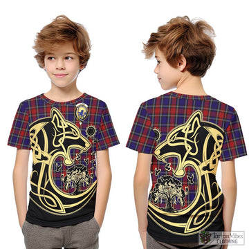 Clark (Lion) Red Tartan Kid T-Shirt with Family Crest Celtic Wolf Style