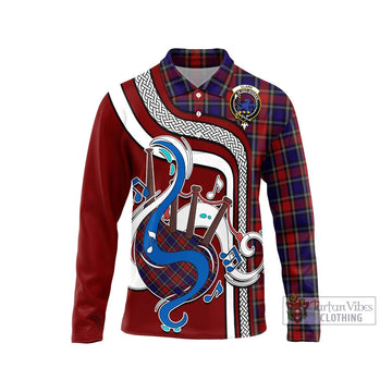 Clark (Lion) Red Tartan Long Sleeve Polo Shirt with Epic Bagpipe Style