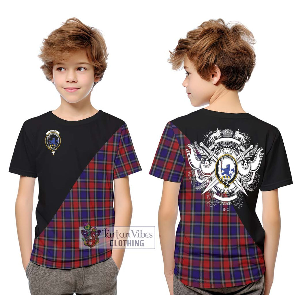 Clark (Lion) Red Tartan Kid T-Shirt with Family Crest and Military Logo Style Youth XL Size14 - Tartanvibesclothing Shop