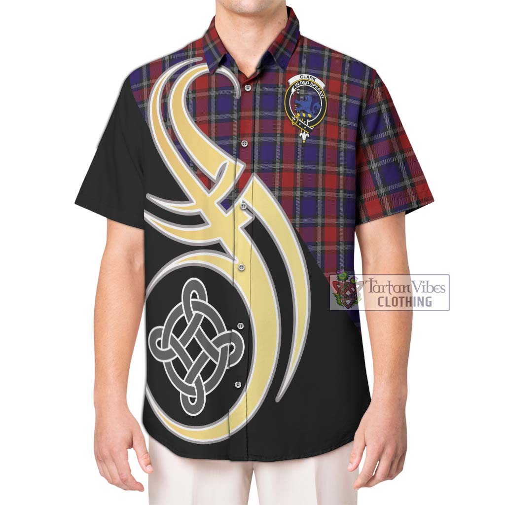 Clark (Lion) Red Tartan Short Sleeve Button Shirt with Family Crest and Celtic Symbol Style Kid - Tartan Vibes Clothing