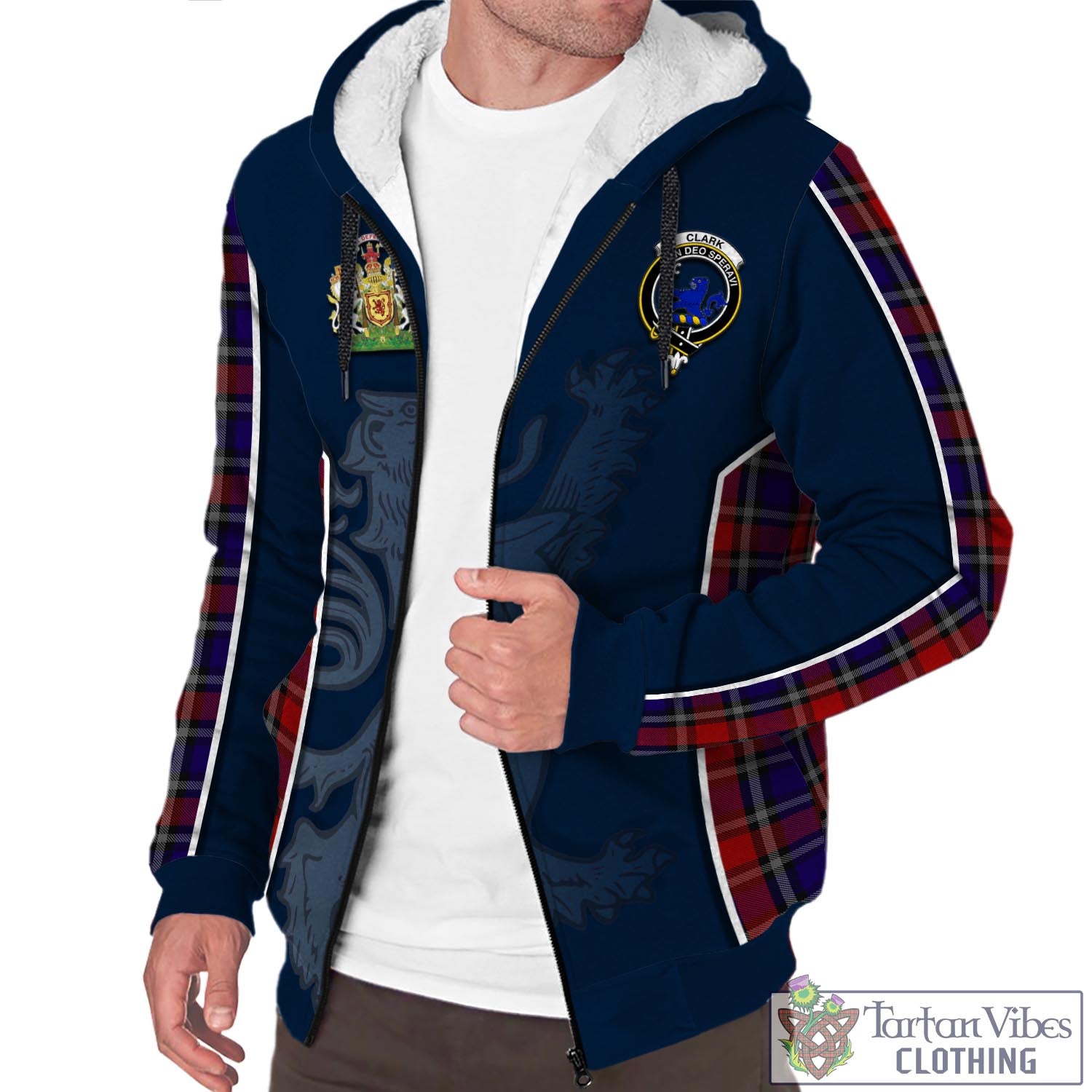 Tartan Vibes Clothing Clark (Lion) Red Tartan Sherpa Hoodie with Family Crest and Lion Rampant Vibes Sport Style