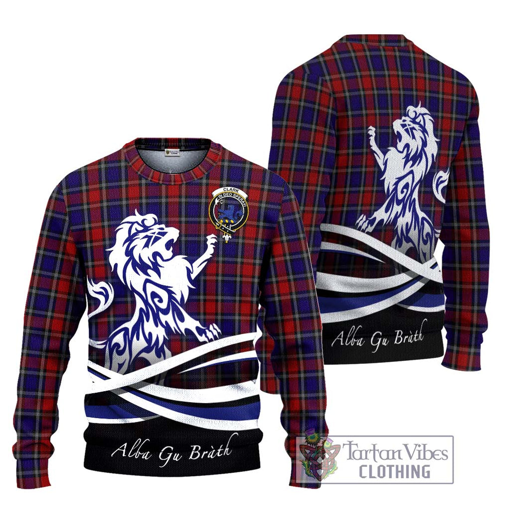 Clark (Lion) Red Tartan Knitted Sweater with Alba Gu Brath Regal Lion Emblem Unisex - Tartanvibesclothing Shop