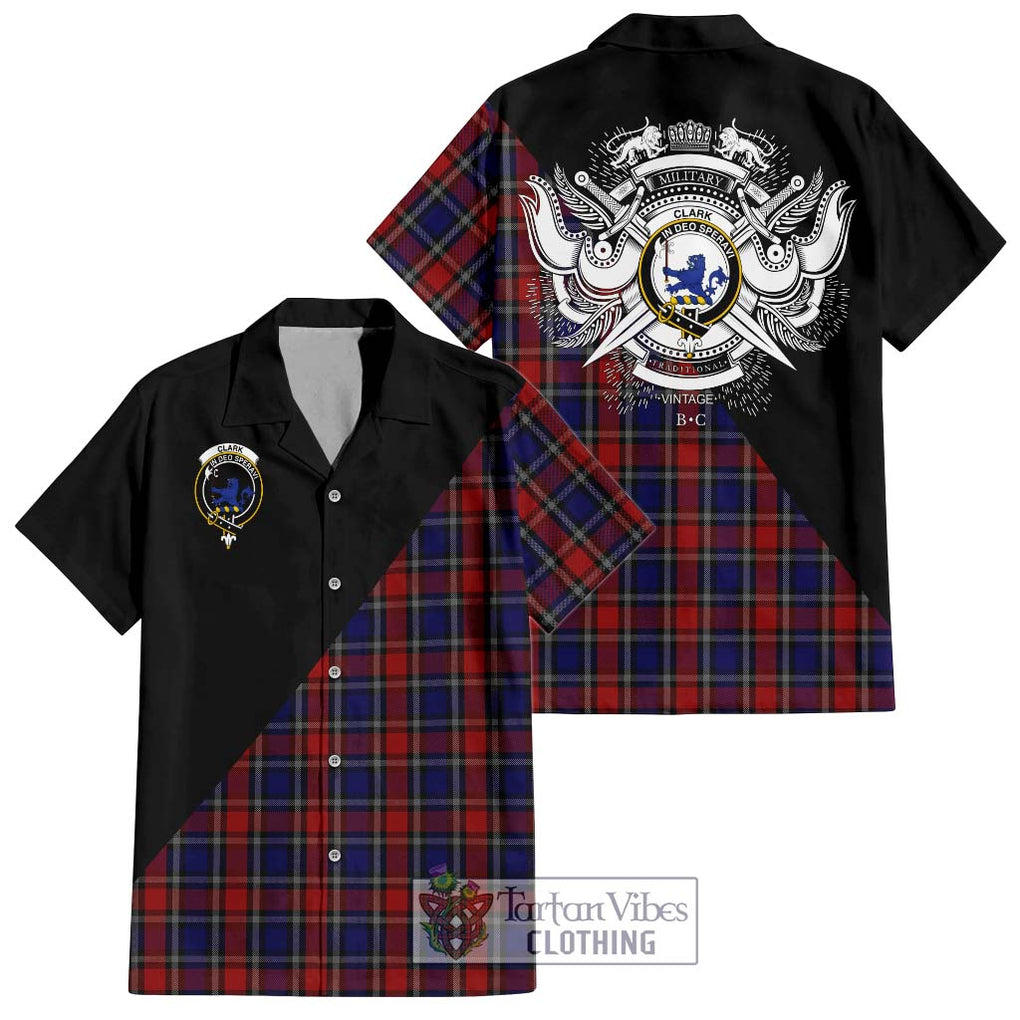 Clark (Lion) Red Tartan Short Sleeve Button Shirt with Family Crest and Military Logo Style Kid - Tartanvibesclothing Shop