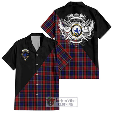 Clark (Lion) Red Tartan Short Sleeve Button Shirt with Family Crest and Military Logo Style