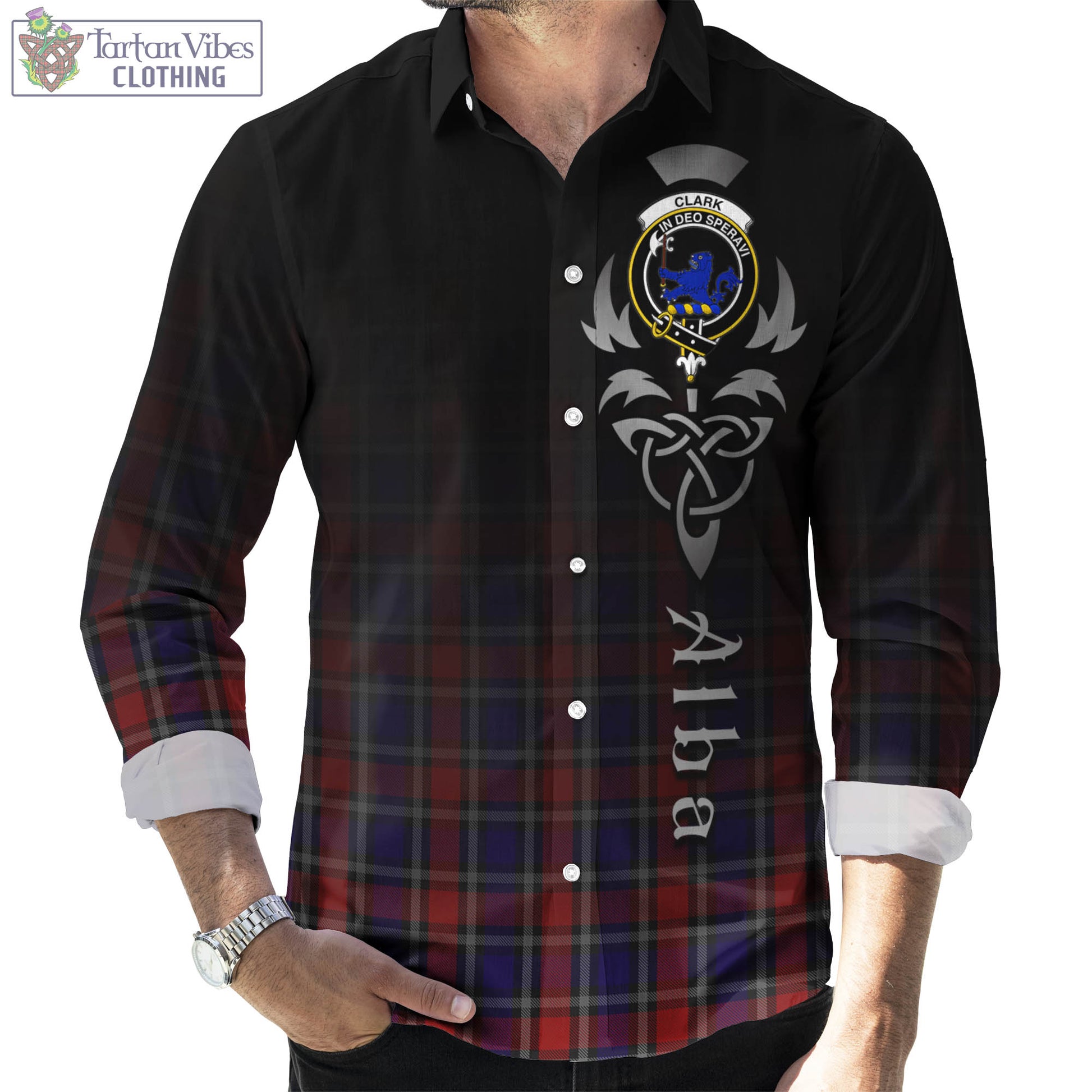 Tartan Vibes Clothing Clark (Lion) Red Tartan Long Sleeve Button Up Featuring Alba Gu Brath Family Crest Celtic Inspired