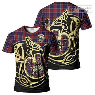 Clark (Lion) Red Tartan T-Shirt with Family Crest Celtic Wolf Style