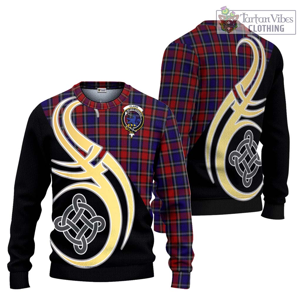 Clark (Lion) Red Tartan Knitted Sweater with Family Crest and Celtic Symbol Style Unisex - Tartan Vibes Clothing