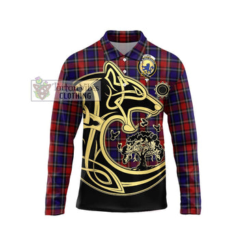 Clark (Lion) Red Tartan Long Sleeve Polo Shirt with Family Crest Celtic Wolf Style