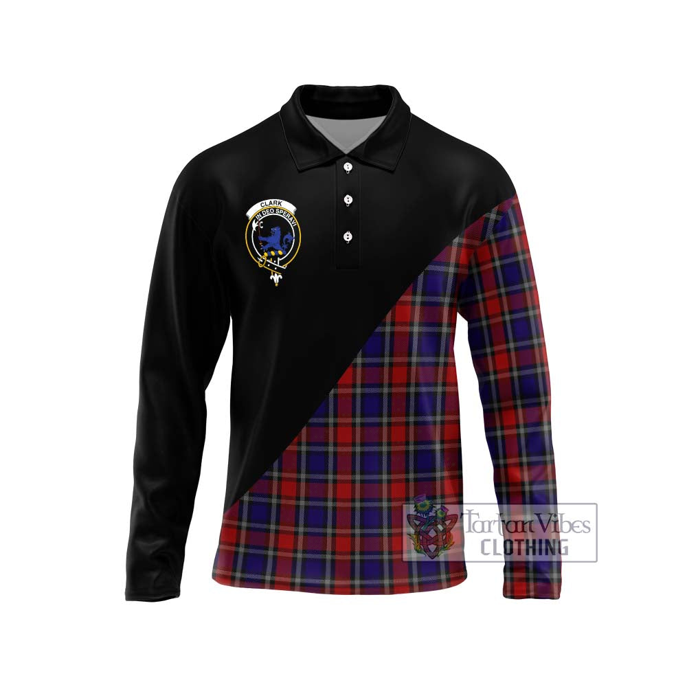 Clark (Lion) Red Tartan Long Sleeve Polo Shirt with Family Crest and Military Logo Style Unisex - Tartanvibesclothing Shop