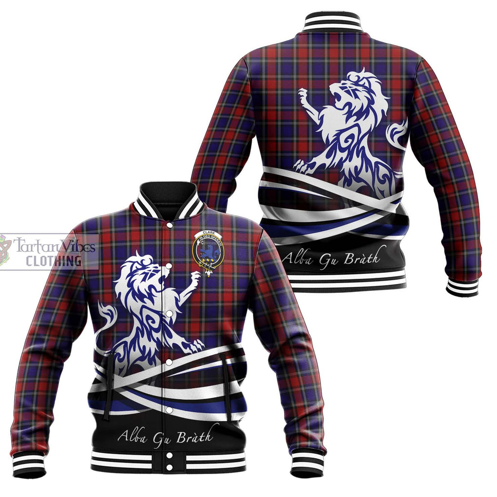 Clark (Lion) Red Tartan Baseball Jacket with Alba Gu Brath Regal Lion Emblem Unisex - Tartanvibesclothing Shop