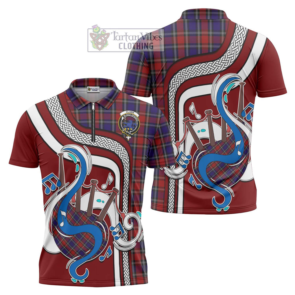 Clark (Lion) Red Tartan Zipper Polo Shirt with Epic Bagpipe Style Unisex - Tartanvibesclothing Shop