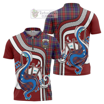 Clark (Lion) Red Tartan Zipper Polo Shirt with Epic Bagpipe Style